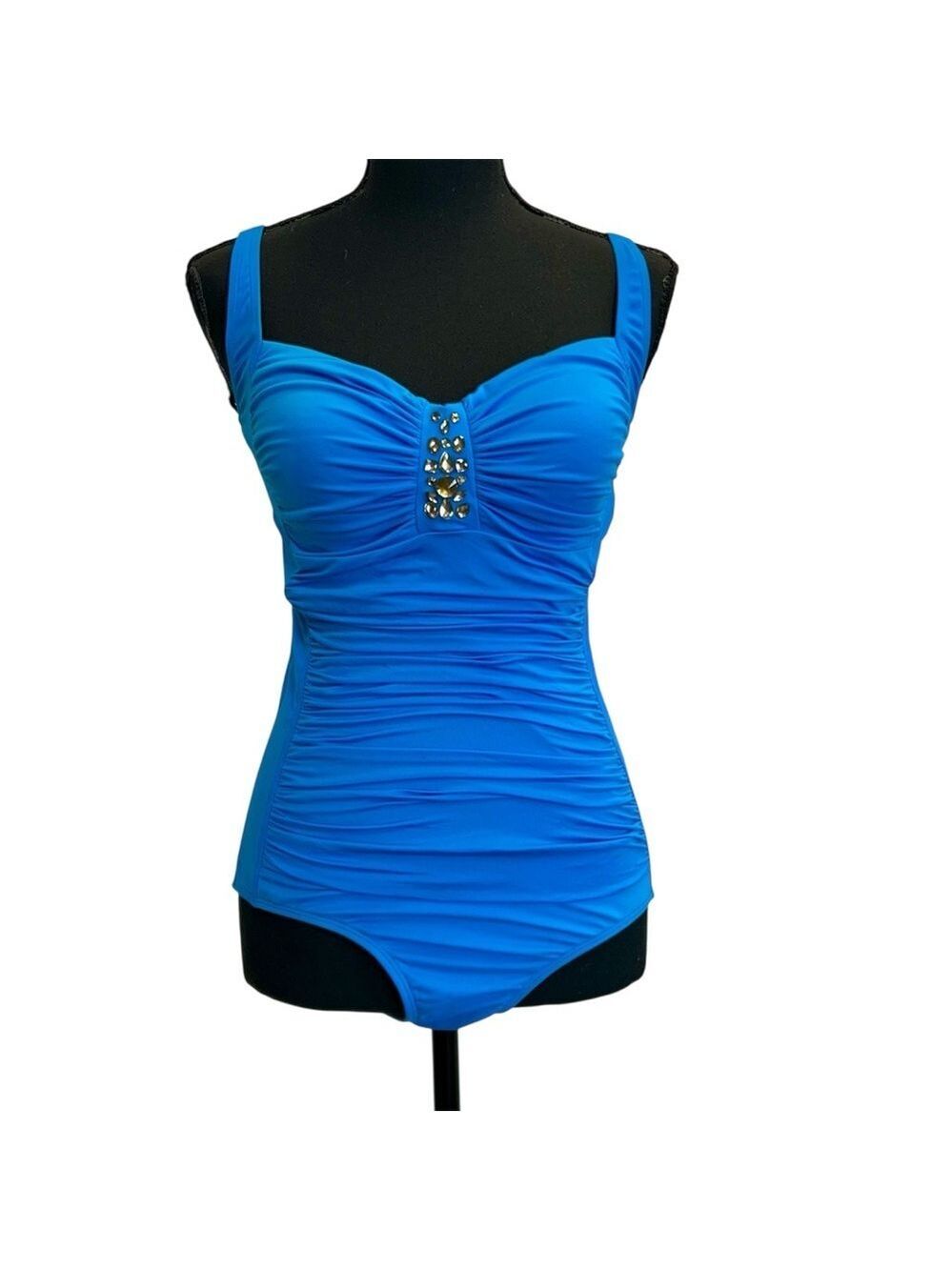 Jantzen bright blue ruched sweetheart neckline gem embellish one piece swimsuit